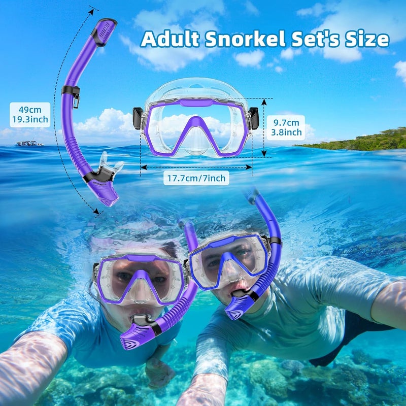Honlanor Snorkel Set Adults Snorkeling Gear Anti-Leak and Anti-Fog Tempered Glass Lens Panoramic View Swim Mask Dry Top Snorkel Kit for Snorkeling Scuba Diving Swimming Travel with Carry Bag - Image 2